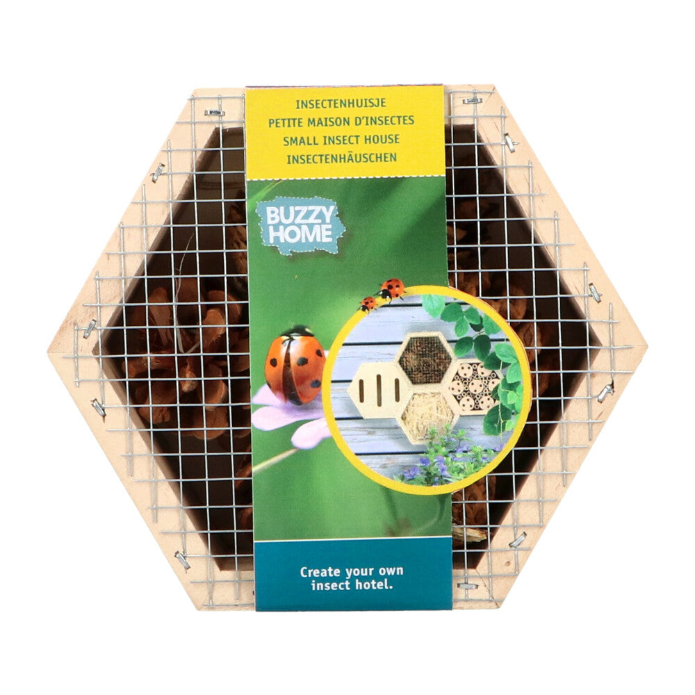 Packaging of a hexagon-shaped insect home, featuring images of the product and insects like ladybugs and bees on the front.