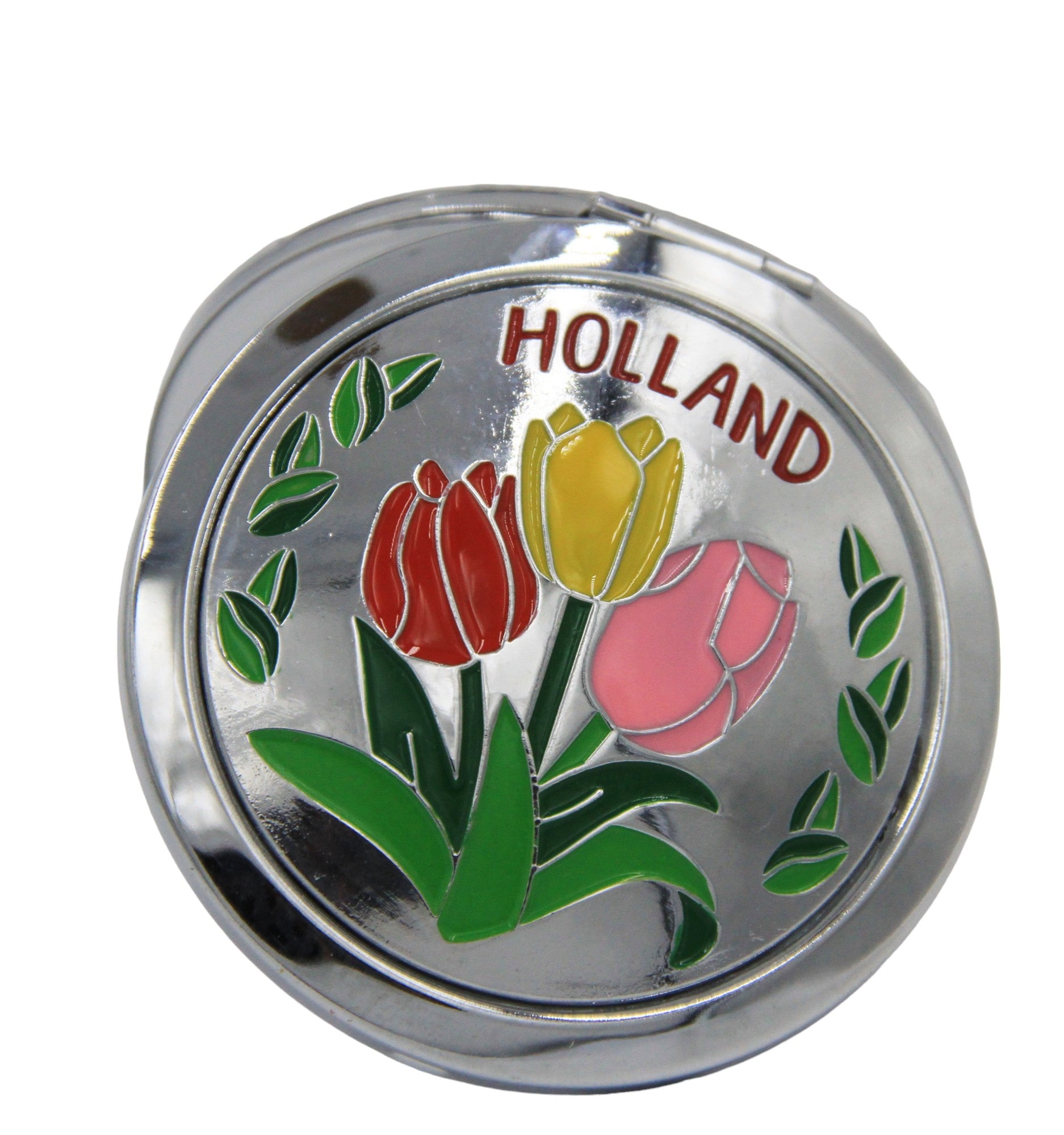 Fényes ezüst színű zsebtükör tulipánokkal