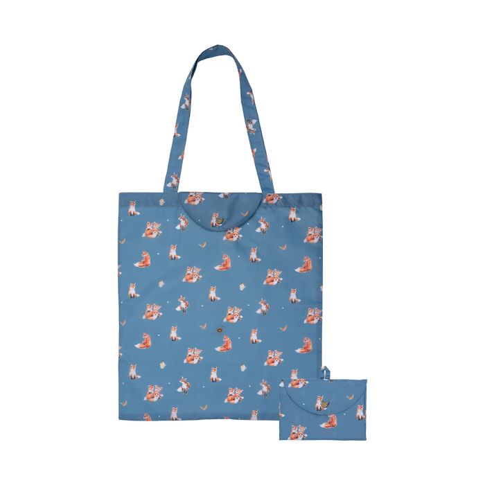 Blue tote bag with fox pattern on a white background wrendale design
